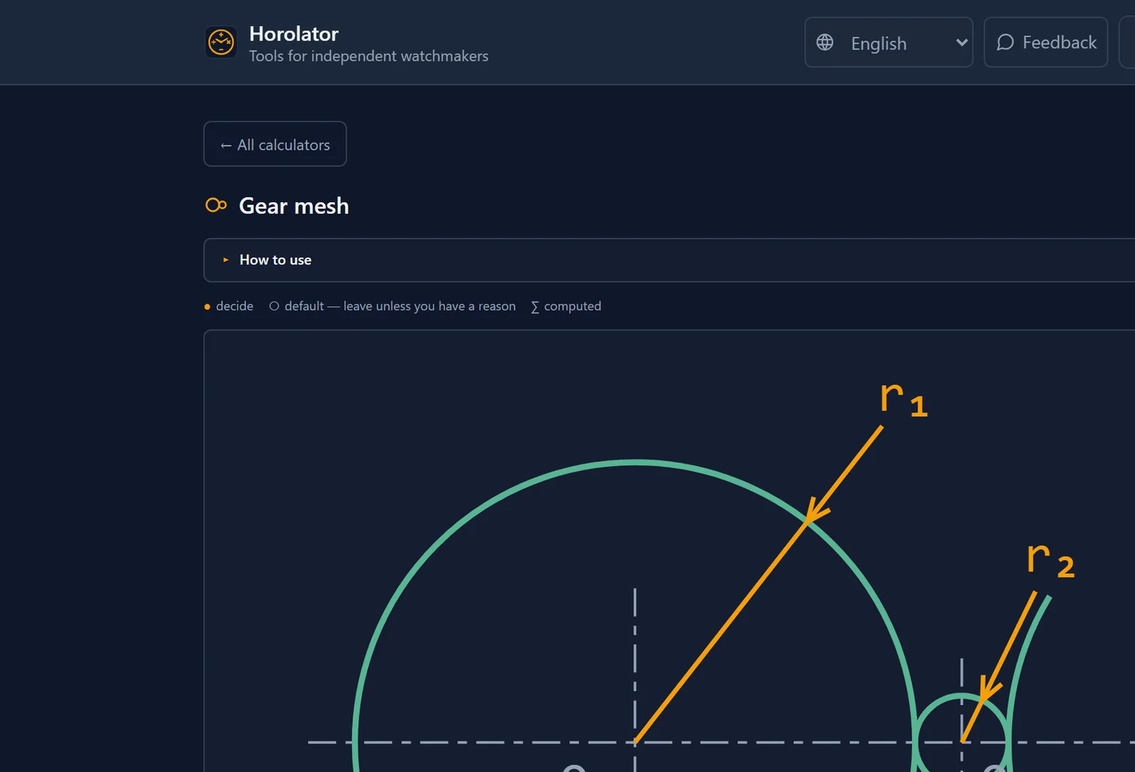 An open Horolator calculator, Gear mesh, showing a to-scale diagram of two meshing pitch circles with the centre distance dimensioned.
