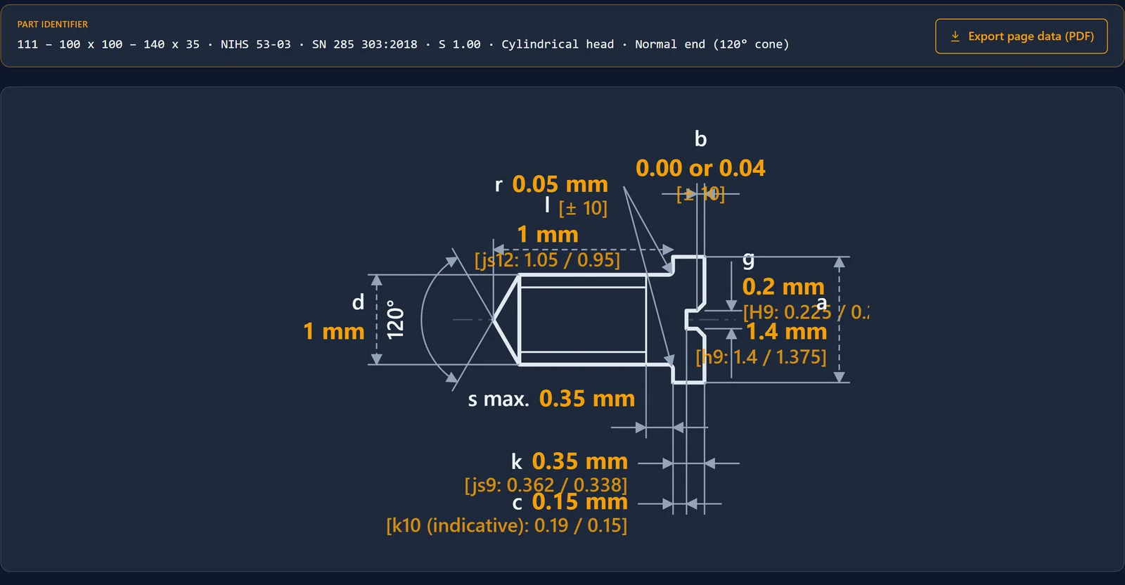 The Screws page to NIHS 53-03 with thread S 1.00, head 1.40 × 0.35 and length 1.00 selected: the redrawn figure shows each dimension with its tolerance class and limits.