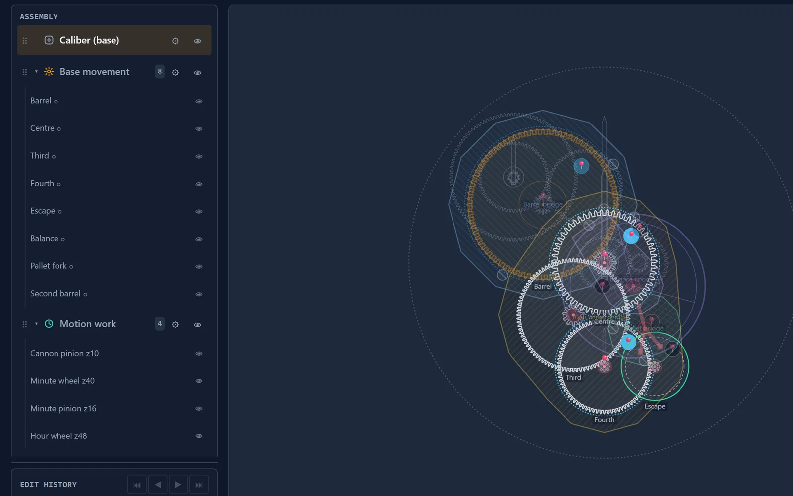 The twin-barrel demo open in Designer: the assembly tree lists Barrel and Second barrel in the base movement, above the motion work, and the canvas shows the going train.